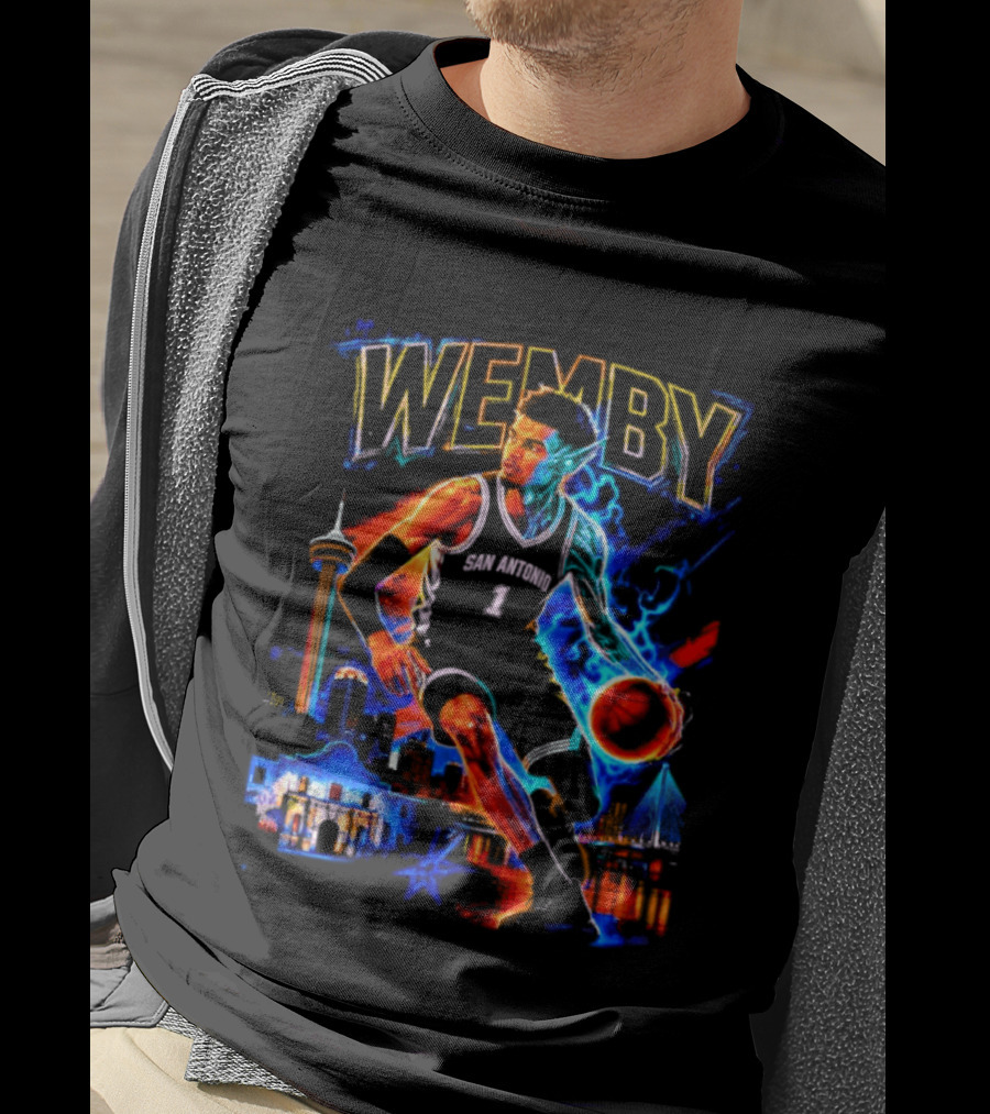 Wemby San Antonio Spurs Basketball Player Half Alien City Skyline T-Shirt