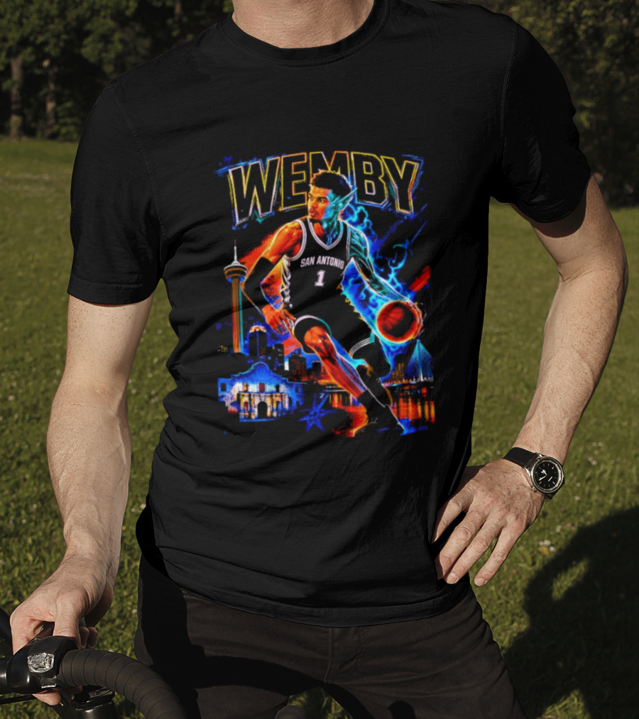 Wemby San Antonio Spurs Basketball Player Half Alien City Skyline T-Shirt