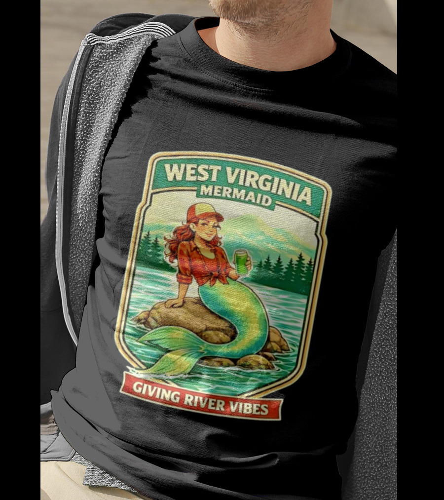 West Virginia Mermaid Giving River Vibes Green Tail Red Hat T-Shirt