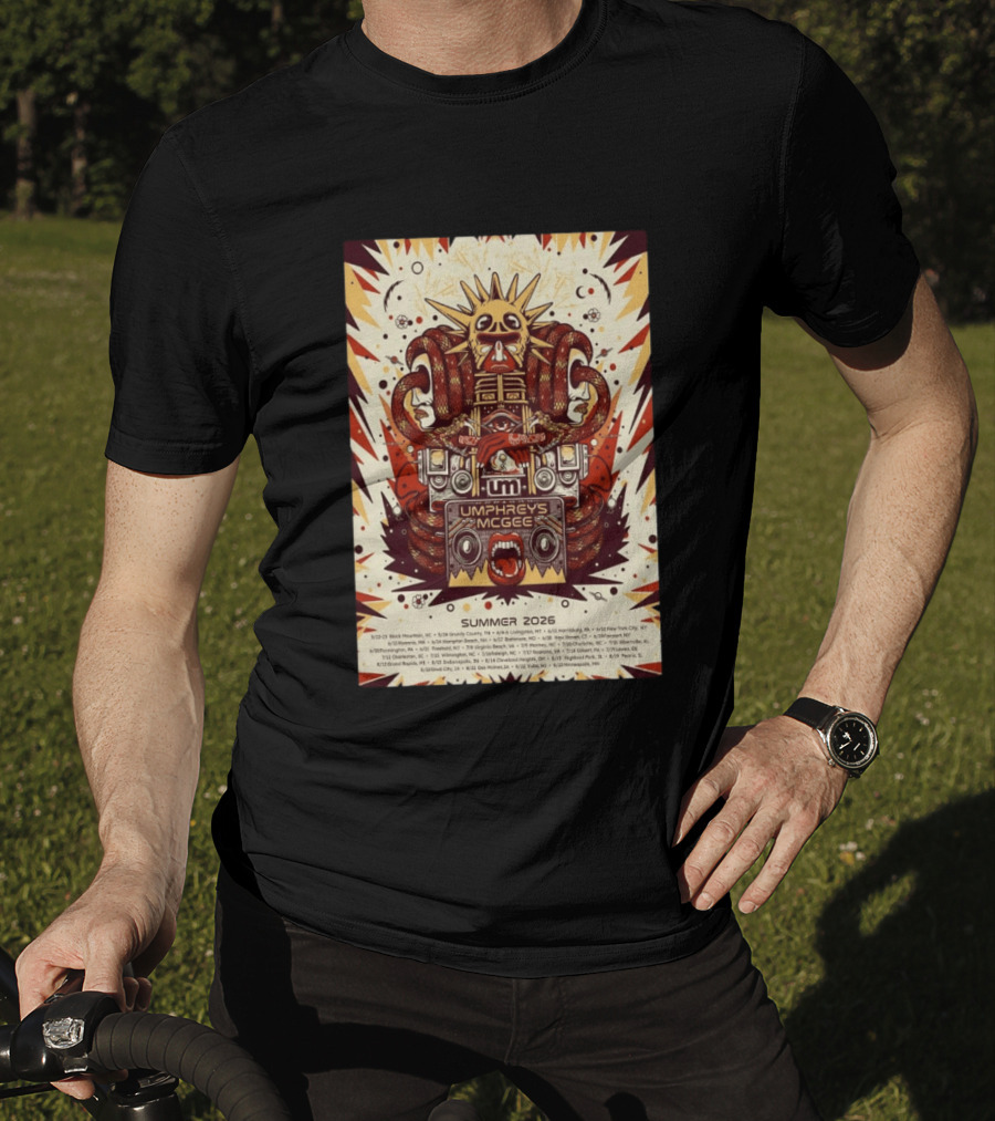 Umphrey's McGee Summer 2026 Tour Dates With Unique Symbolic Artwork And Sun Motif T-Shirt