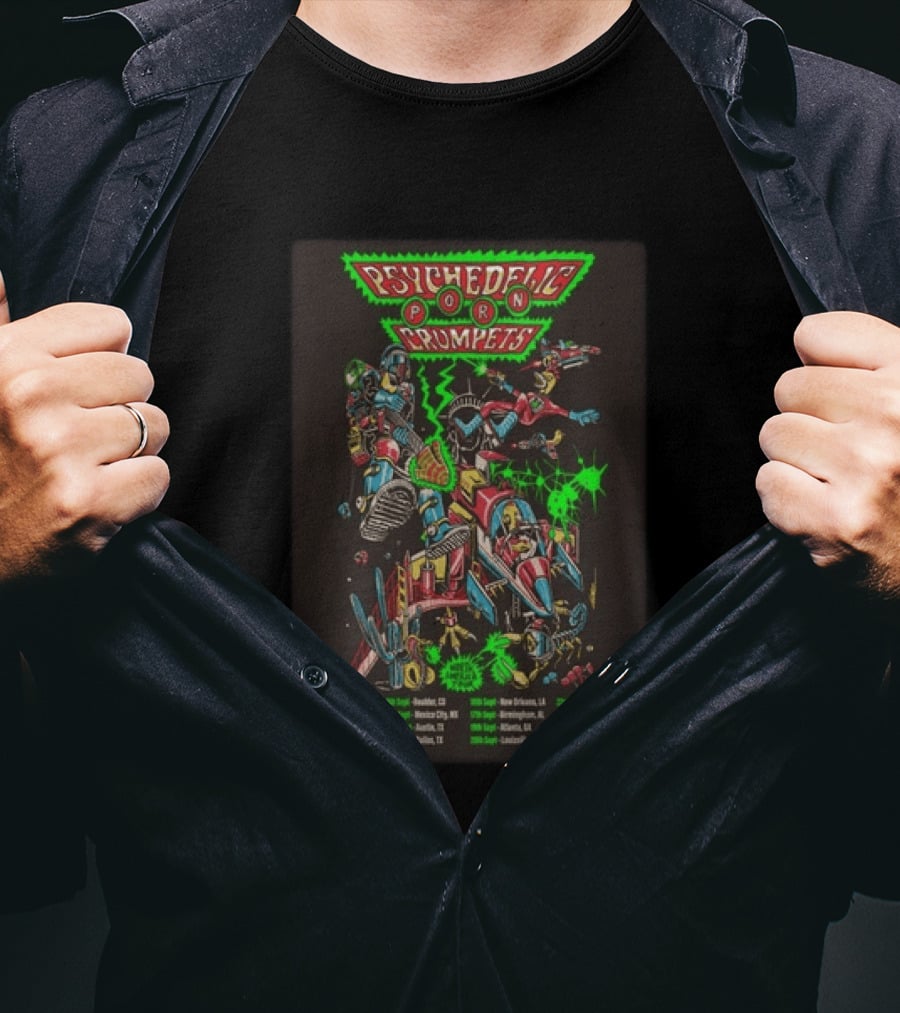 Psychedelic Porn Crumpets 2026 North America Tour With Neon Robot Graphics And Tour Dates T-Shirt