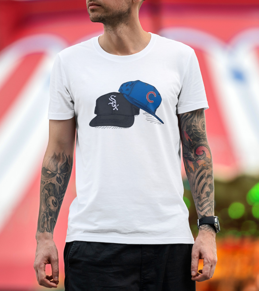 Chicago White Sox Black Hat And Chicago Cubs Blue Cap Baseball Fan Collection T-Shirt