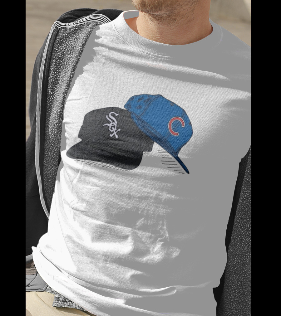 Chicago White Sox Black Hat And Chicago Cubs Blue Cap Baseball Fan Collection T-Shirt