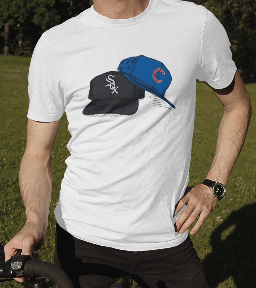 Chicago White Sox Black Hat And Chicago Cubs Blue Cap Baseball Fan Collection T-Shirt