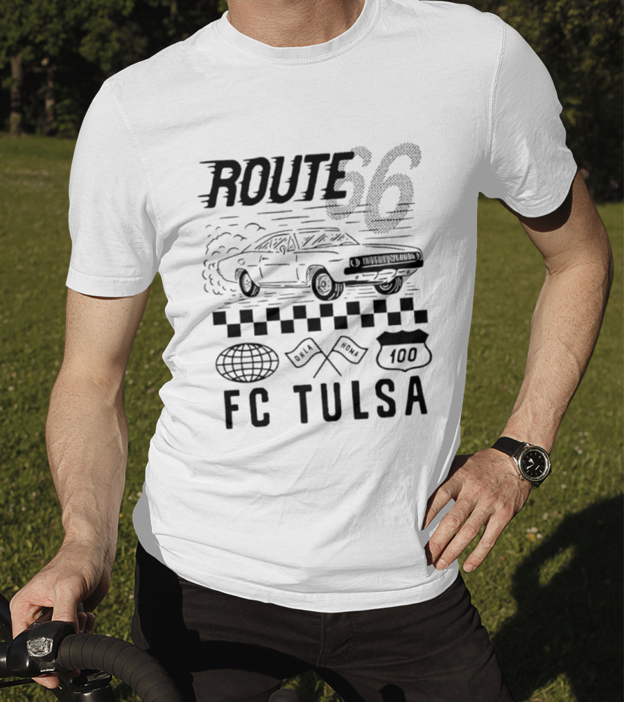 FC Tulsa Route 66 Oklahoma Soccer Car 100 Racing Flags T-Shirt