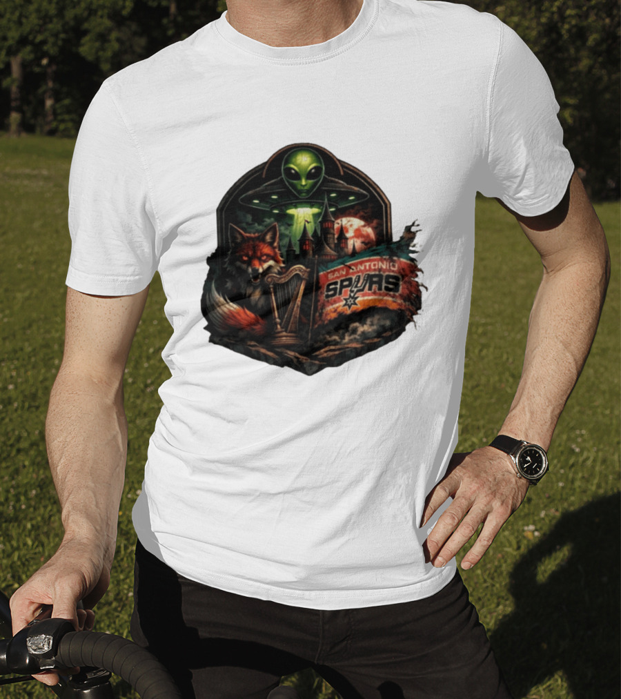 San Antonio Spurs UFO Alien Fox Harp Castle Moon Flag T-Shirt