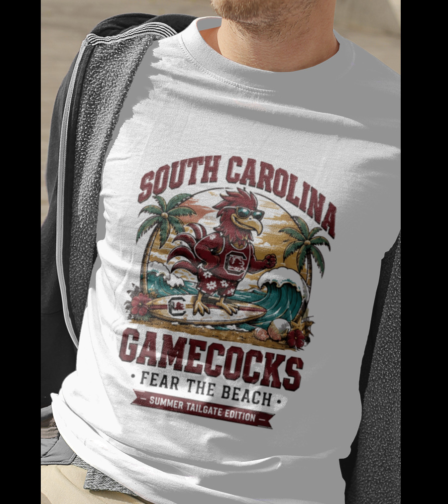 South Carolina Gamecocks Fear The Beach Summer Tailgate Edition Surfing Chicken Palm Trees Wave T-Shirt