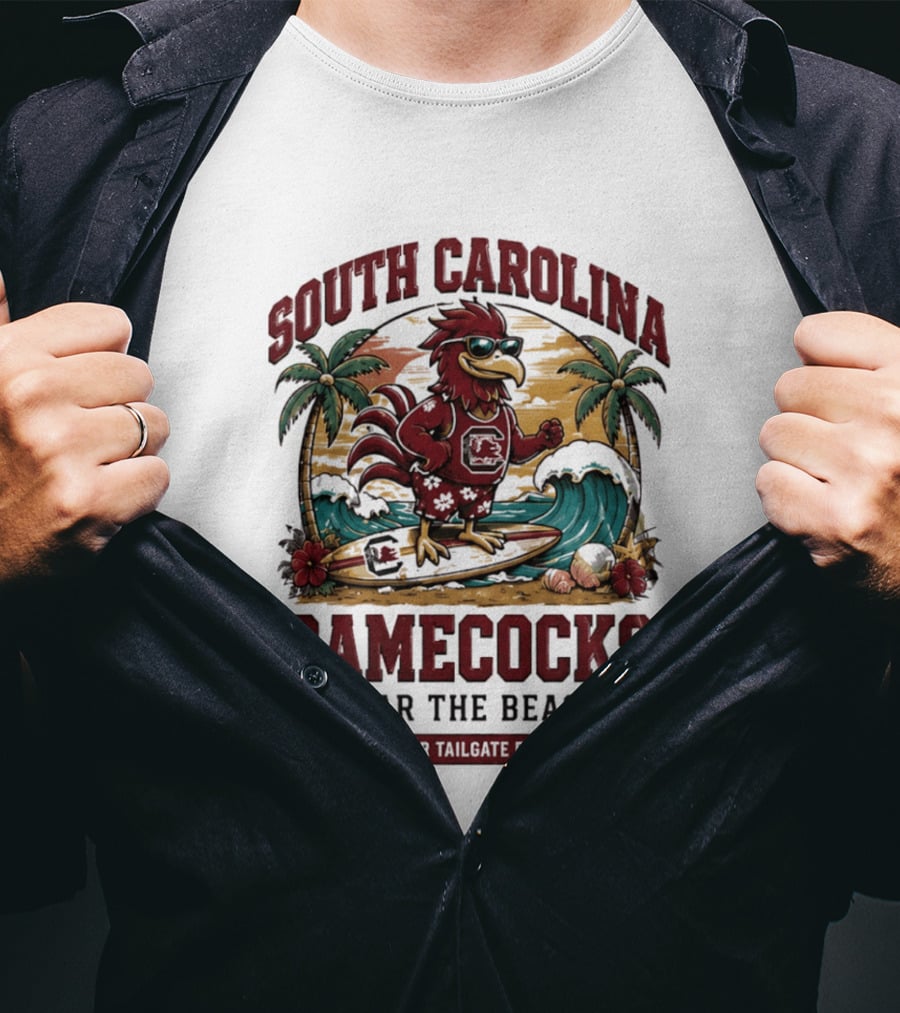 South Carolina Gamecocks Fear The Beach Summer Tailgate Edition Surfing Chicken Palm Trees Wave T-Shirt