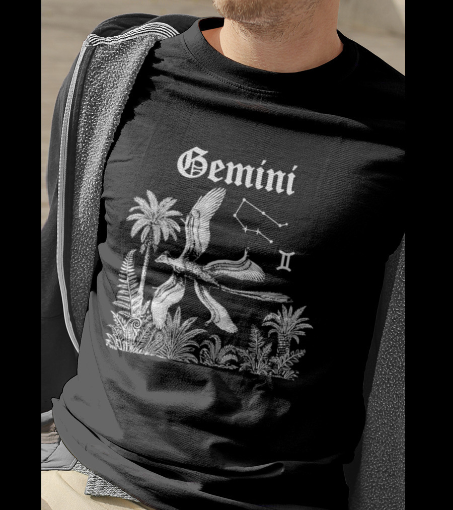 Gemini Feathered Dinosaur Constellation Tropical Scene T-Shirt