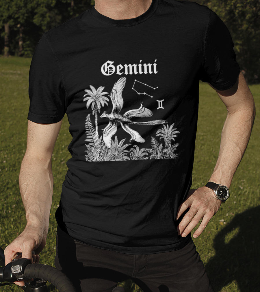 Gemini Feathered Dinosaur Constellation Tropical Scene T-Shirt