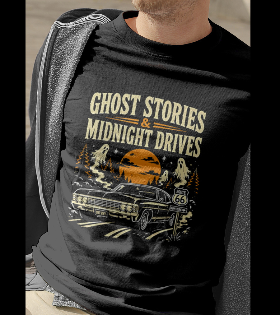 Ghost Stories Midnight Drives Route 66 Vintage Car Halloween Scene T-Shirt