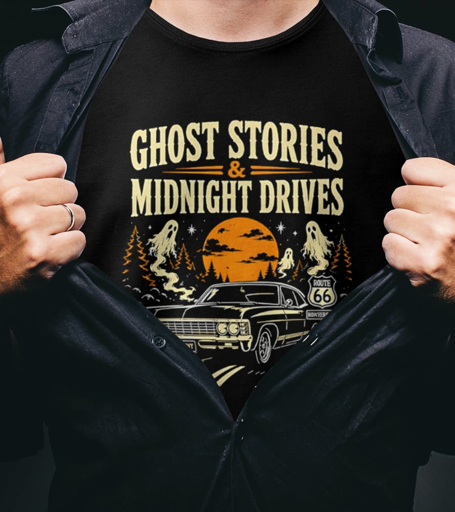 Ghost Stories Midnight Drives Route 66 Vintage Car Halloween Scene T-Shirt