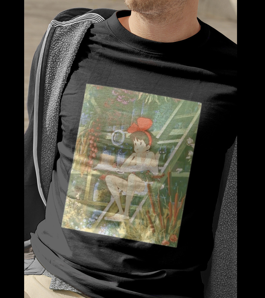 Kiki's Delivery Service Magic Book Cat And Botanical Greenhouse Scene T-Shirt