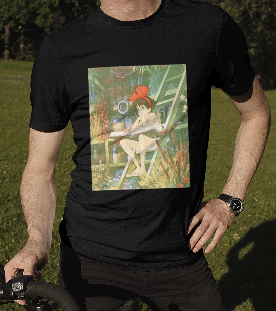 Kiki's Delivery Service Magic Book Cat And Botanical Greenhouse Scene T-Shirt