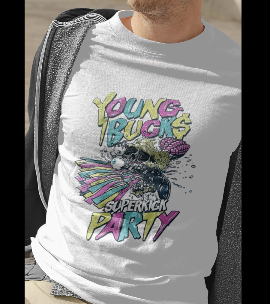 Young Bucks Superkick Party Skull Brain Eyeballs Colorful Explosion T-Shirt