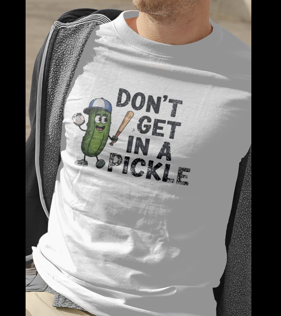 Don't Get In A Pickle Baseball Pun With Pickle Character Holding Bat And Ball T-Shirt