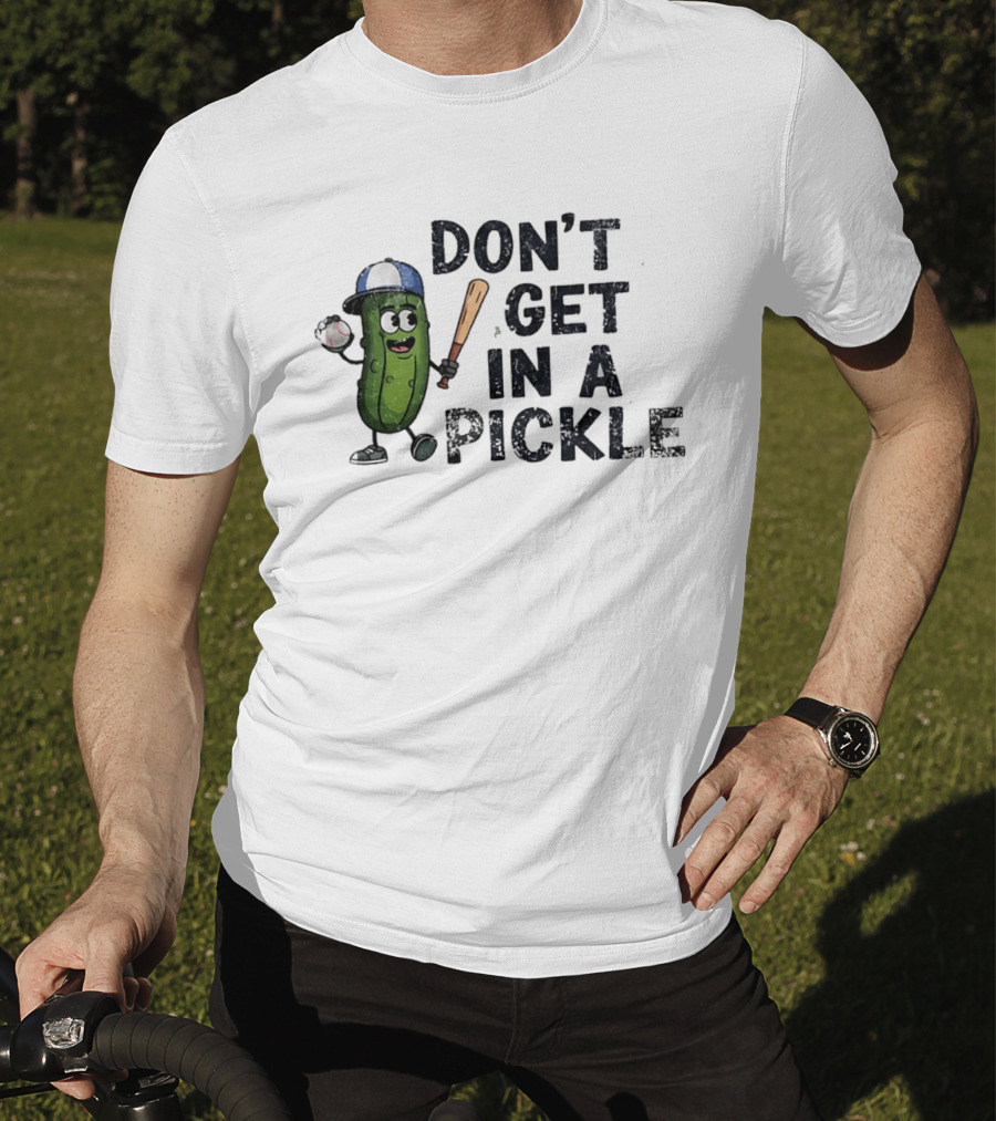 Don't Get In A Pickle Baseball Pun With Pickle Character Holding Bat And Ball T-Shirt
