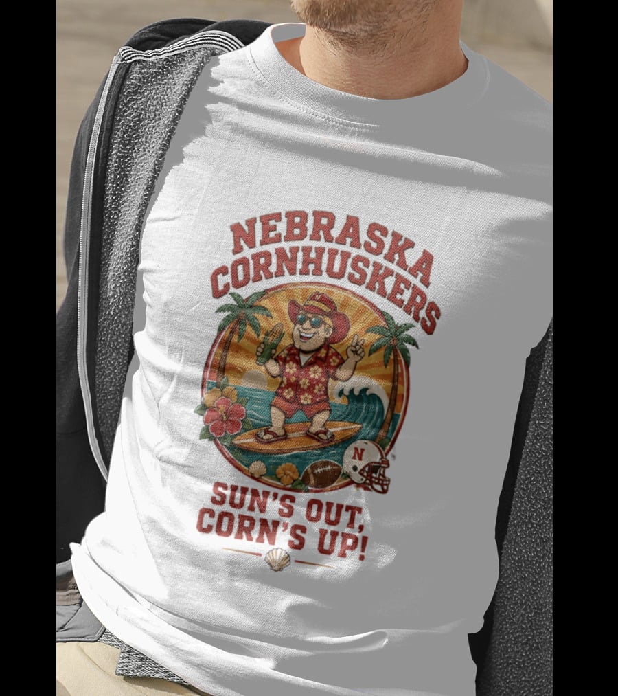 Nebraska Cornhuskers Sun's Out Corn's Up Tropical Surfing Football Fun T-Shirt