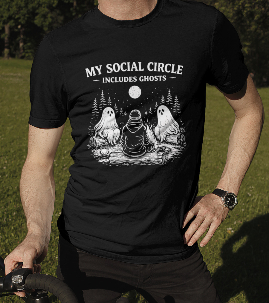 My Social Circle Includes Ghosts Forest Campfire Scene T-Shirt