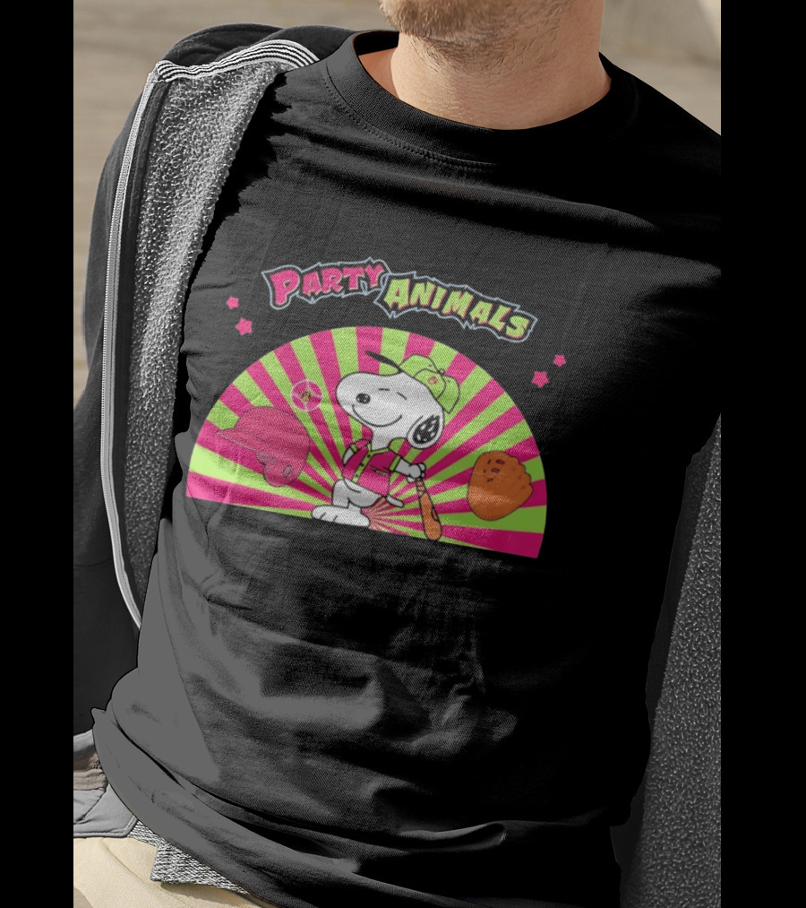 Snoopy Party Animals Baseball Glove Bat Cap Neon Stars T-Shirt