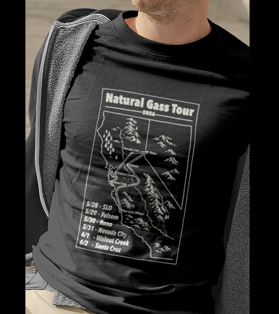 Natural Gass Tour 2026 Route Map SLO Folsom Reno Nevada City Walnut Creek Santa Cruz T-Shirt