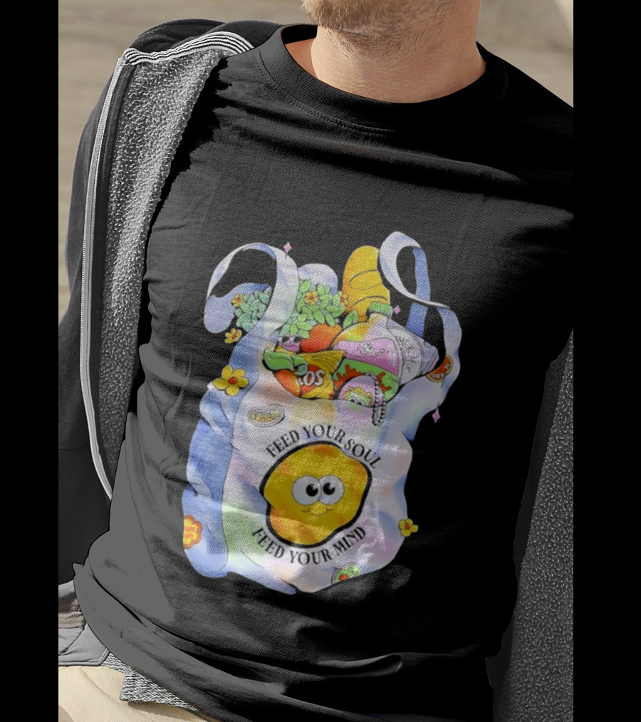 Feed Your Soul Feed Your Mind Bag With Groceries And Cartoon Face T-Shirt