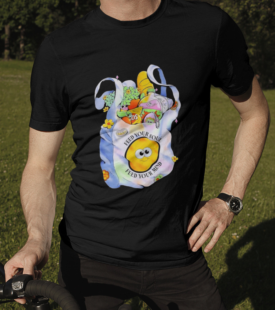 Feed Your Soul Feed Your Mind Bag With Groceries And Cartoon Face T-Shirt