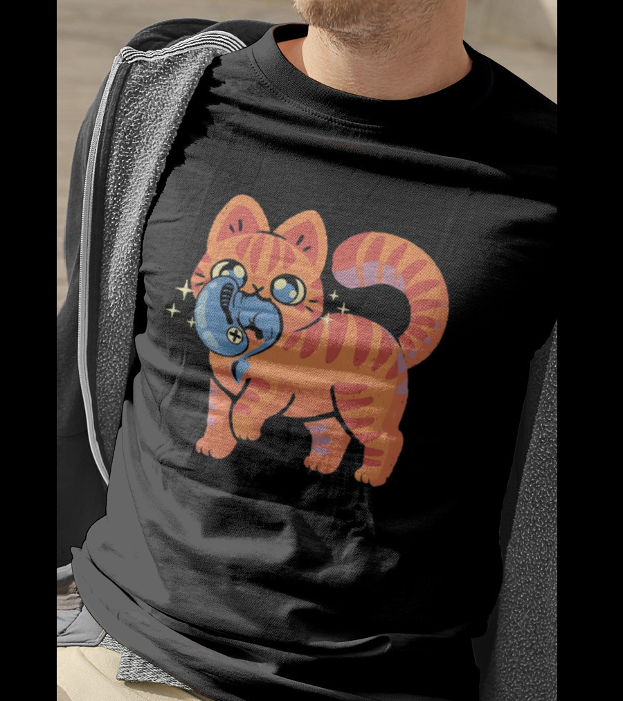 Orange Tabby Cat With Sparkles And Blue Alien Creature T-Shirt