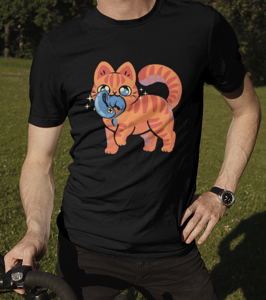 Orange Tabby Cat With Sparkles And Blue Alien Creature T-Shirt