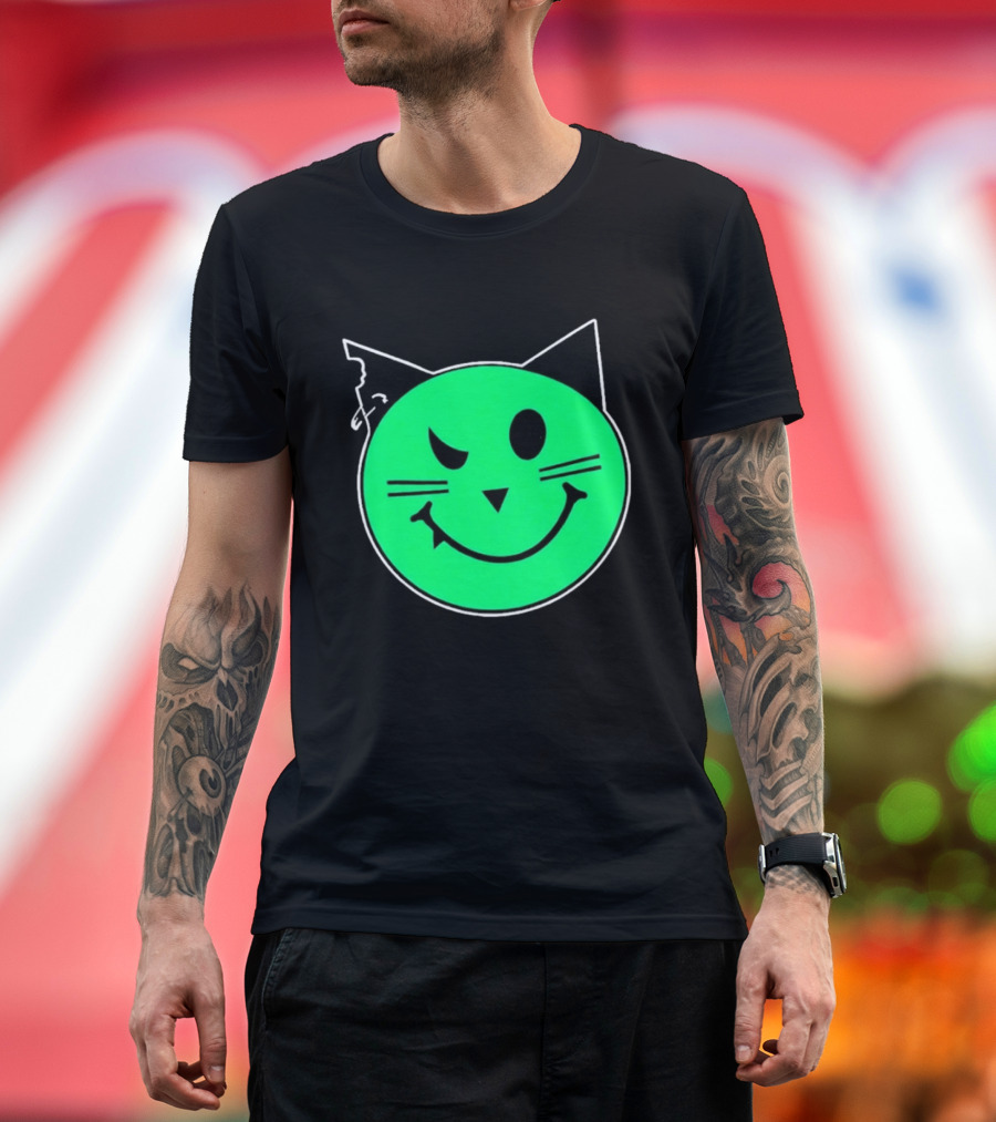Taliesin Wearing MeowMeowz Smiling Cat Face With Green Circle Black Ears Whiskers T-Shirt