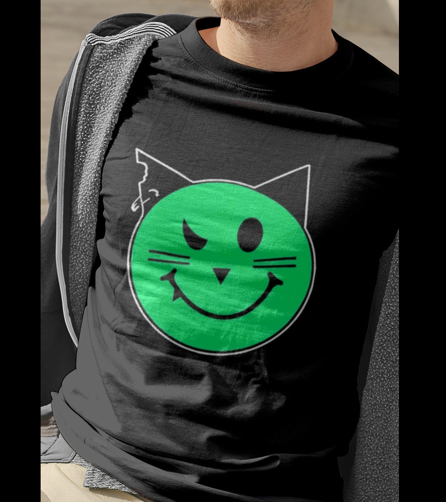 Taliesin Wearing MeowMeowz Smiling Cat Face With Green Circle Black Ears Whiskers T-Shirt