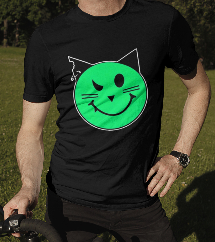 Taliesin Wearing MeowMeowz Smiling Cat Face With Green Circle Black Ears Whiskers T-Shirt