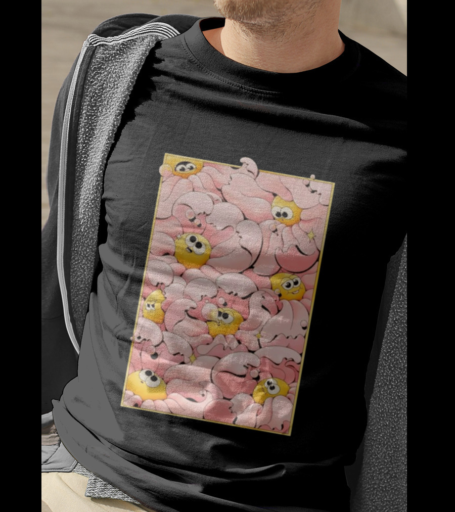 Many Yellow Round Characters With Large Eyes In Pink Flowing Cascades T-Shirt