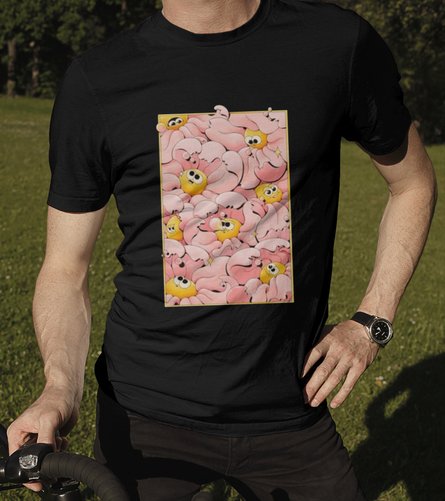 Many Yellow Round Characters With Large Eyes In Pink Flowing Cascades T-Shirt