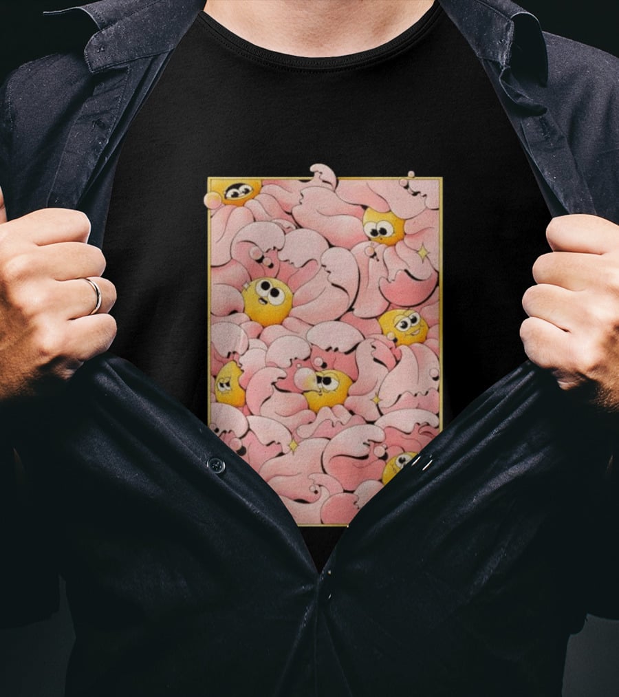 Many Yellow Round Characters With Large Eyes In Pink Flowing Cascades T-Shirt