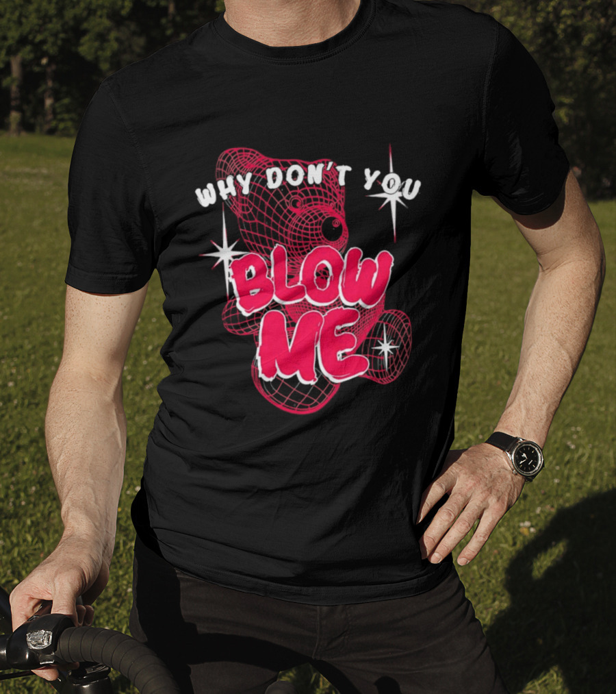 Why Don't You Blow Me Pink Wireframe Teddy Bear Bold Red Text Sparkling Star Accents T-Shirt
