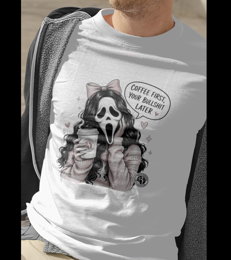Ghostface Scream Coffee First Your Bullshit Later Horror Movie Bow Hearts T-Shirt