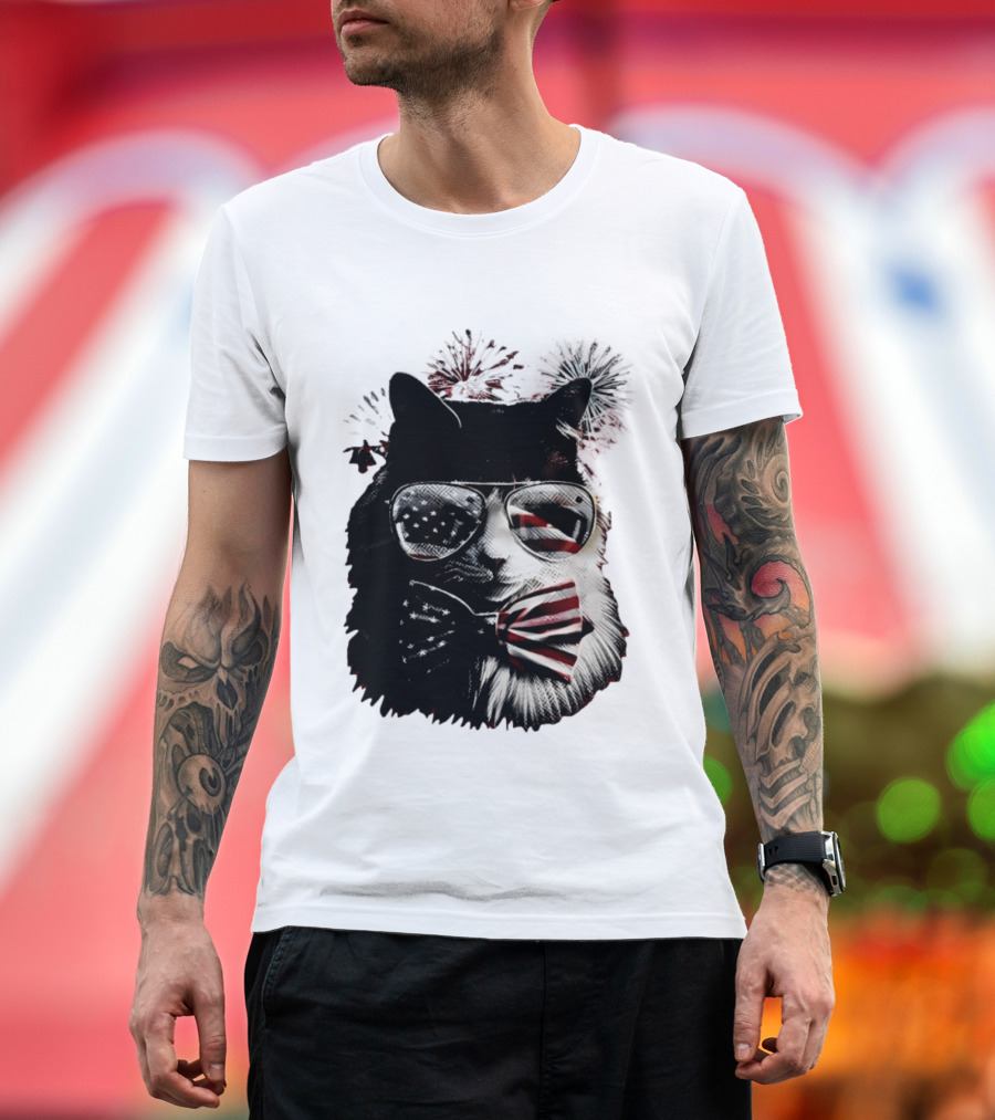 American Flag Cat Sunglasses And Bowtie Fireworks Independence Day T-Shirt