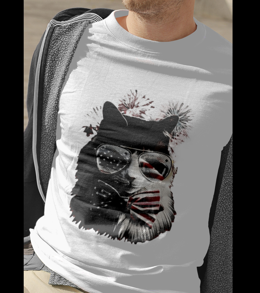 American Flag Cat Sunglasses And Bowtie Fireworks Independence Day T-Shirt