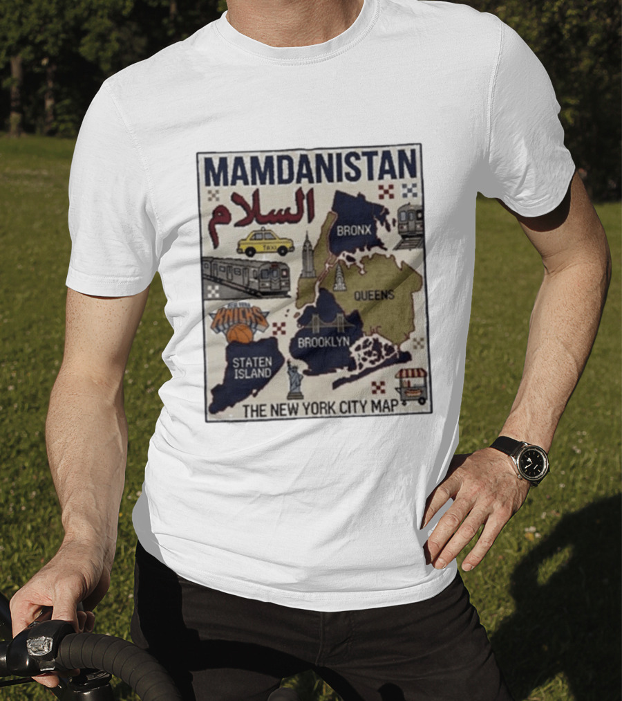 Mamdanistan Peace NYC Map Featuring Knicks Bronx Brooklyn Queens Staten Island Taxi Subway T-Shirt