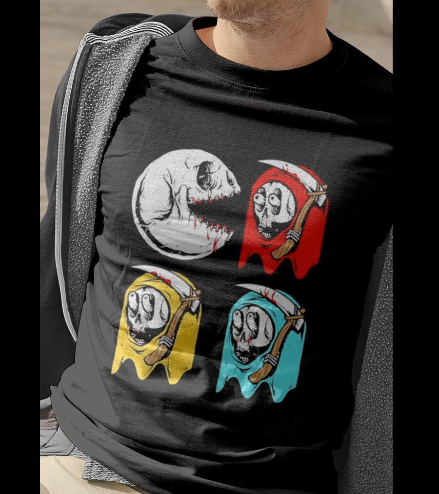 Pac Man Skeleton Skull Ghost Grim Reaper Red Yellow Blue T-Shirt