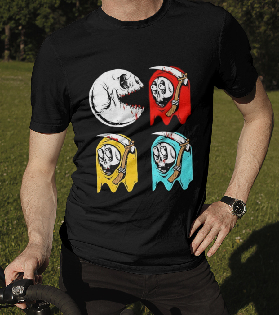 Pac Man Skeleton Skull Ghost Grim Reaper Red Yellow Blue T-Shirt
