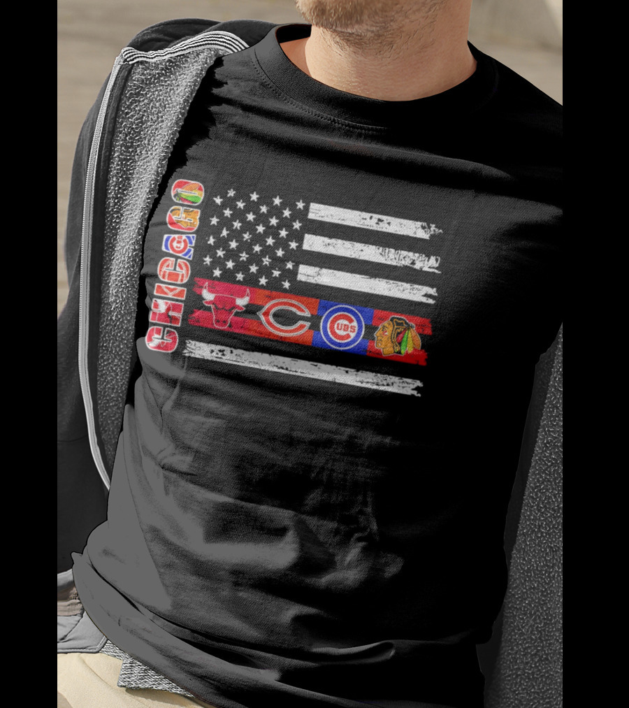 Chicago Bulls Bears Cubs Blackhawks American Flag T-Shirt