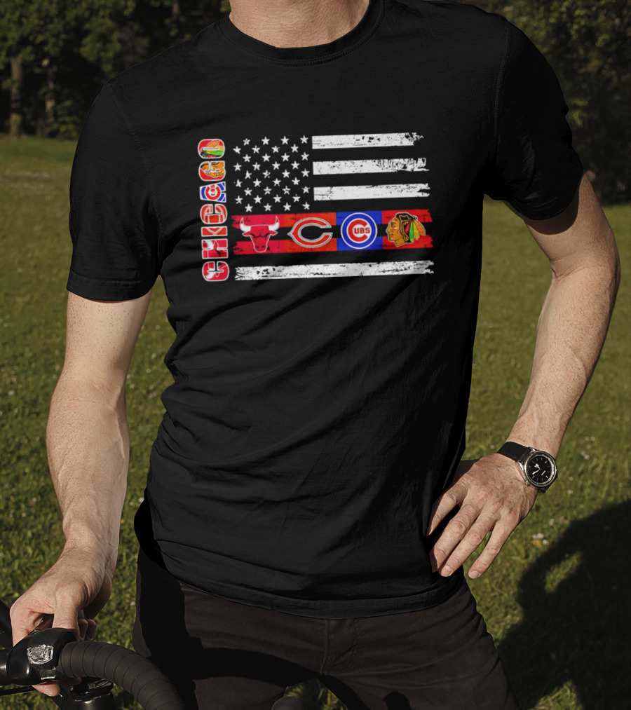 Chicago Bulls Bears Cubs Blackhawks American Flag T-Shirt
