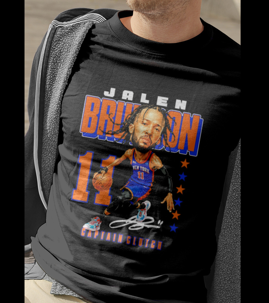 Jalen Brunson New York 11 Captain Clutch Caricature T-Shirt