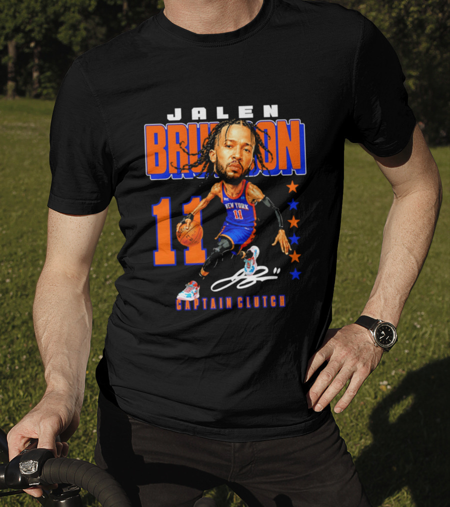Jalen Brunson New York 11 Captain Clutch Caricature T-Shirt
