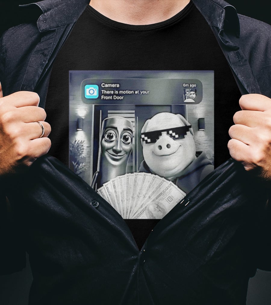 Tung Tung Tung Sahur John Pork Black Glasses Meme Camera Motion At Your Front Door T-Shirt