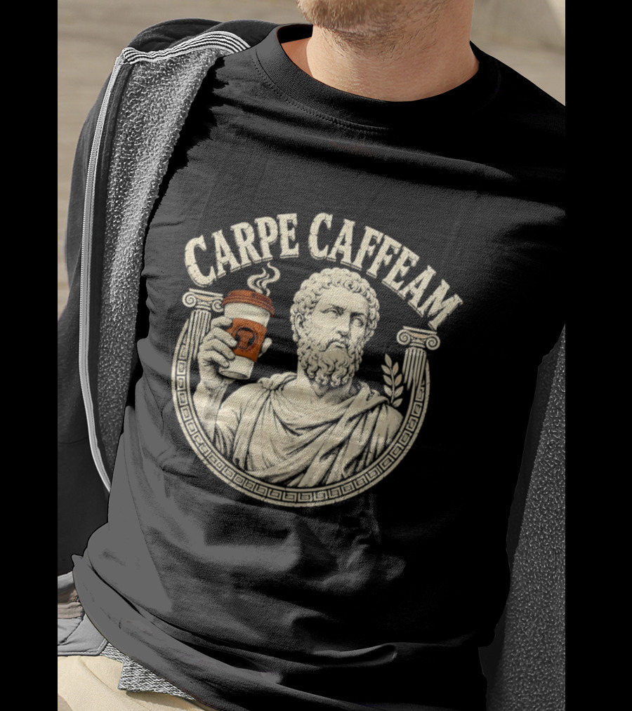 Carpe Caffeam Ancient Philosopher Coffee Cup Greek Column Statue T-Shirt