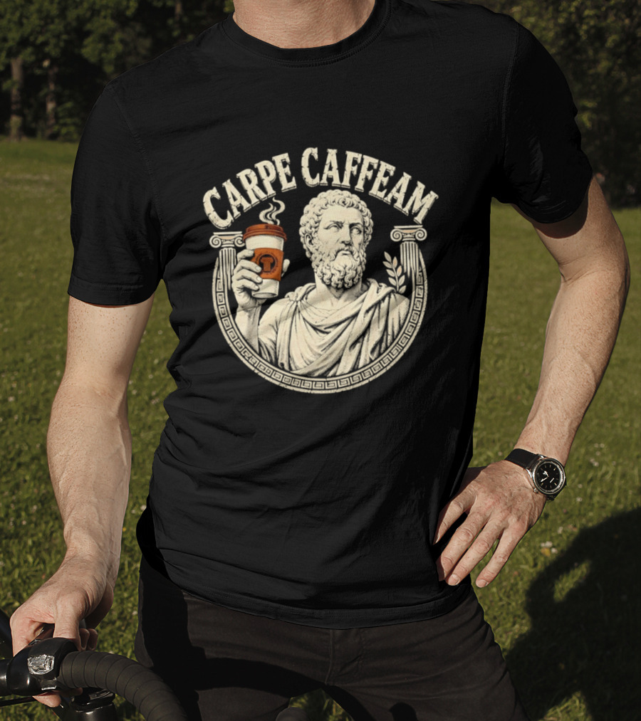 Carpe Caffeam Ancient Philosopher Coffee Cup Greek Column Statue T-Shirt