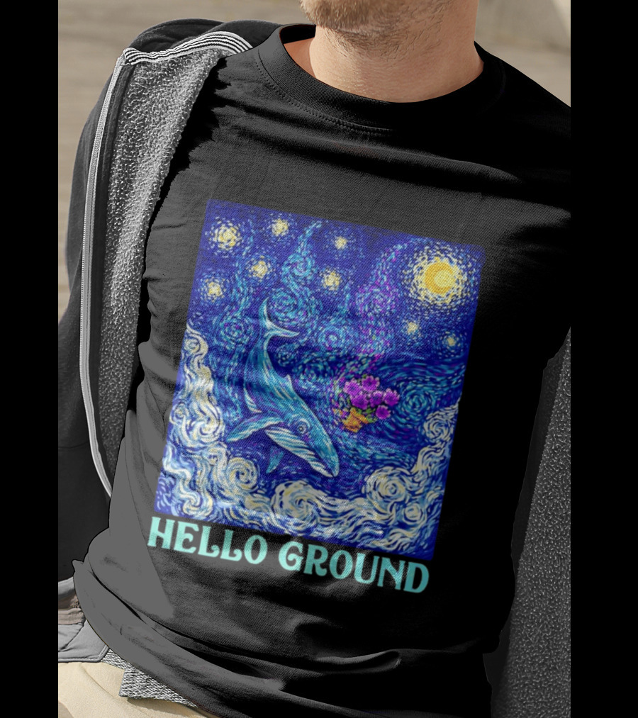 Hello Ground Whale Floating In Starry Night Van Gogh T-Shirt
